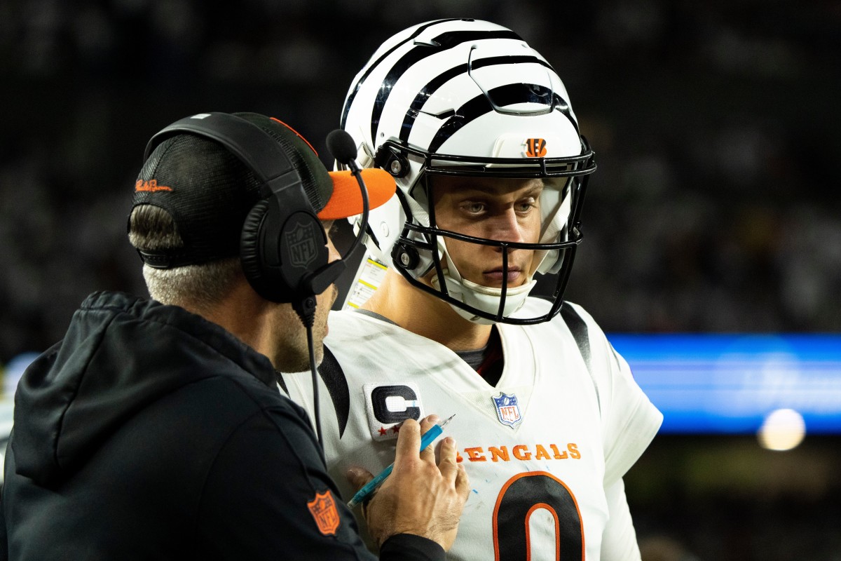 Cincinnati Bengals quarterback Joe Burrow (9) prepares to take the field in the fourth quarter of the NFL game between the Cincinnati Bengals and Los Angeles Rams at Paycor Stadium in Cincinnati on Monday, Sept. 25, 2023.  